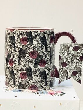 10 Strawberry Street Floral & Raven Ceramic Mug in Deep Burgundy , NWT